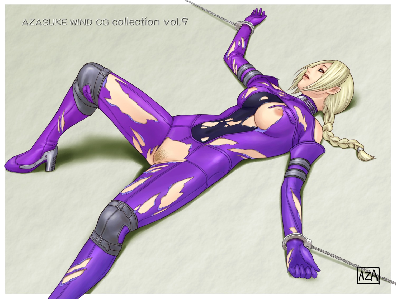 azasuke bare_shoulders blonde_hair blue_eyes bodysuit bondage bound_wrists braid breasts censored cuffs erect_nipples female handcuffs highres leg_lift long_hair lying mosaic_censoring nina_williams nipple_slip nipples no_bra no_panties on_back ponytail pubic_hair pussy rule34 skin_tight solo tekken tied_hair torn_clothes version_without_pubic_hair_available