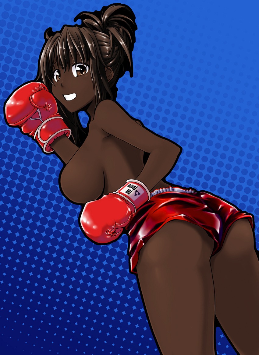 1girls artist_request ass bare_legs big_breasts blue_background boxing boxing_gloves breasts brown_eyes dark-skinned_female dark_brown_hair dark_skin dutch_angle female female_only gloves hair_between_eyes large_breasts looking_at_viewer mostly_nude red_boxing_gloves red_gloves red_shorts rule34 shiny_clothes shiny_hair shorts side_view sideboob simple_background smile solo teeth thick thick_thighs thighs tied_hair wide_hips