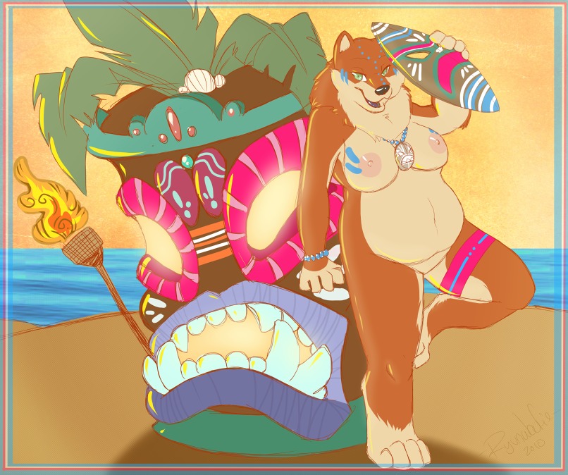2010 anthro beach breasts canid canine canis detailed_background domestic_dog e621 female fire fur jewelry mammal necklace nipples nude outside overweight overweight_anthro overweight_female ryunwoofie sand seaside sky solo summer tiki torch water
