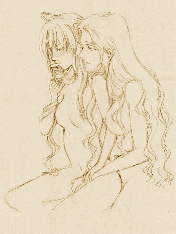 ahoge artoria_pendragon cleavage fate/zero fate_(series) female lancelot_(fate) line_art monochrome naked nude rule34
