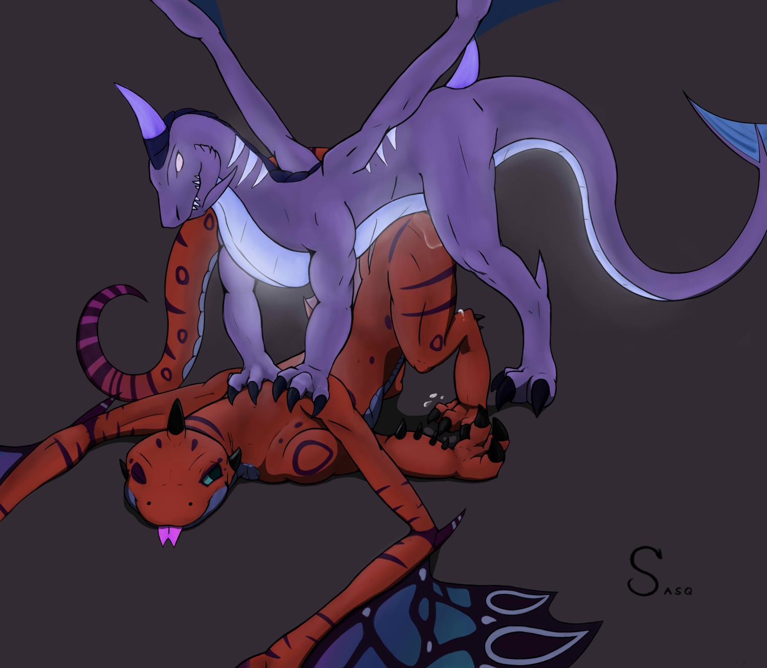 absurd_res all_fours ambiguous_gender ass_up bioluminescence blizzard_entertainment bodily_fluids cum doggystyle dragon duo e621 feral from_behind_position genital_fluids glowing hi_res interspecies male mythological_creature mythological_scalie mythology sasq scalie sex smile tail tongue tongue_out warcraft wings