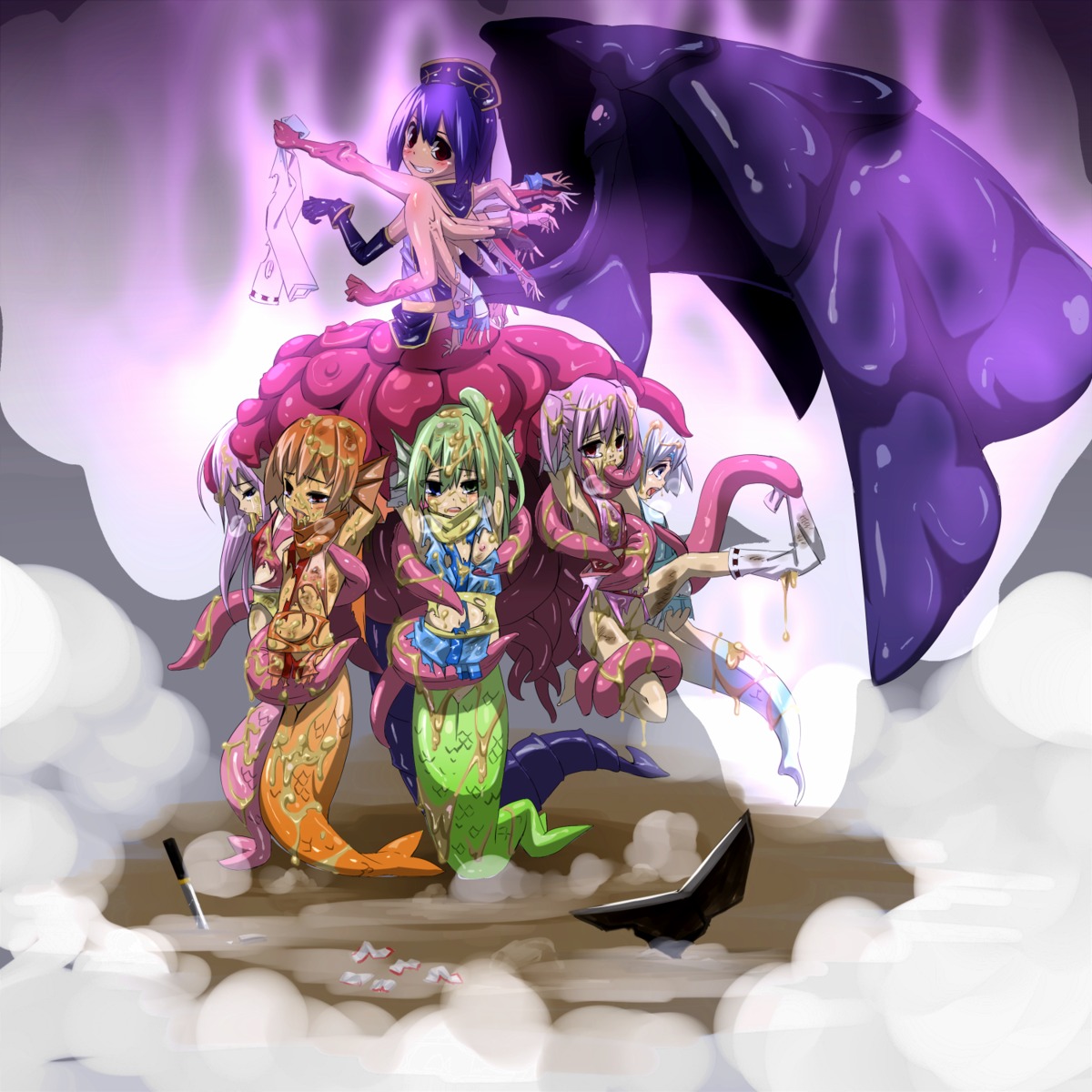 anthro_only artist_request bad_end blue_eyes character_request corruption defeat dress female gloves green_eyes green_hair hat highres merfolk mermaid monster_girl multi_arm multi_limb orange_hair party_wipe pink_hair purple_eyes purple_hair red_eyes rule34 ryona scarf sock socks source_request sword tail tentacle transformation weapon what wings