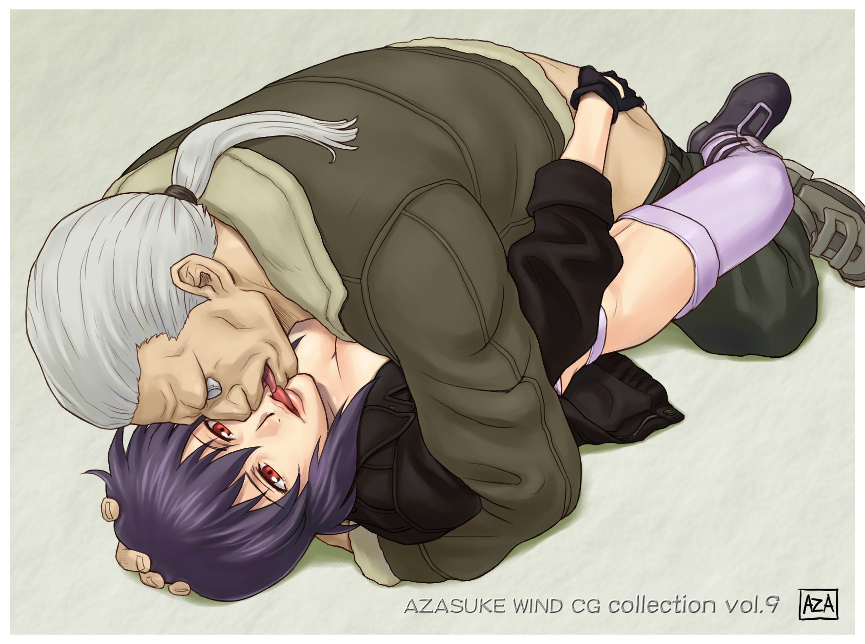 ass ass_grab azasuke batou boots breasts cleavage clothed_sex cyborg female fingerless_gloves ghost_in_the_shell ghost_in_the_shell_stand_alone_complex gloves grey_hair groping hand_on_head highres hug jacket kissing kusanagi_motoko lying missionary ocular_implant on_back ponytail purple_hair red_eyes rule34 sex short_hair thighhighs tied_hair tongue