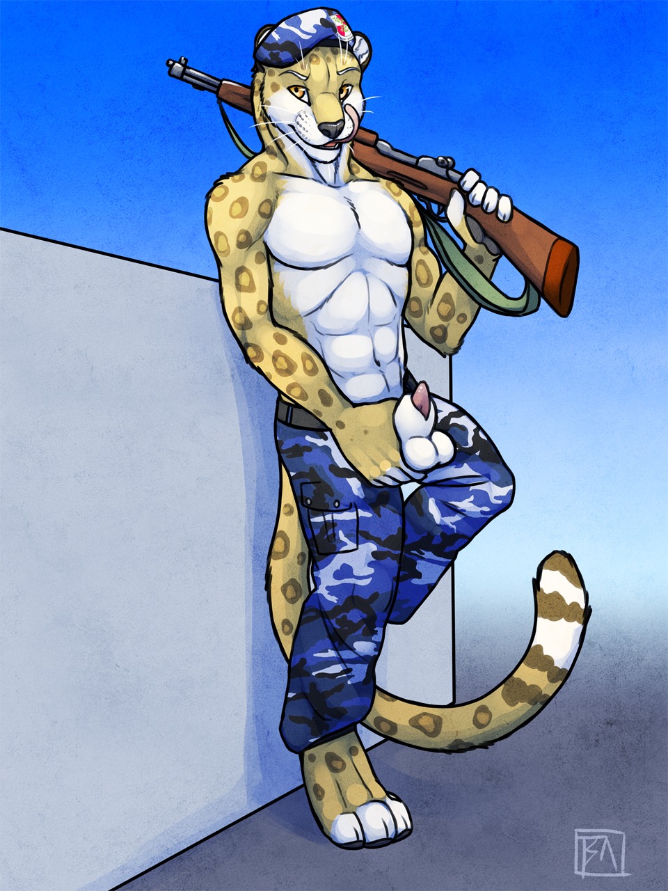 3:4 abs amber_eyes animal_genitalia animal_penis anthro army ball_grab balls base_progression beret biceps biped camo camo_print clothed clothing detached_sheath e621 felid feline_genitalia feline_penis fur genitals gun hand_on_balls hand_on_own_balls hat headgear headwear hi_res holding_gun holding_object holding_own_sheath holding_ranged_weapon holding_sheath holding_weapon jaguar licking licking_lips licking_own_lips looking_at_viewer m1_garand male mammal military military_cap military_uniform muscular muscular_anthro muscular_male pantherine pecs penis penis_tip pose presenting ranged_weapon rifle seductive self_lick sheath soldier solo standing tongue tongue_out topless tsaiwolf uniform warrior weapon yellow_body yellow_fur