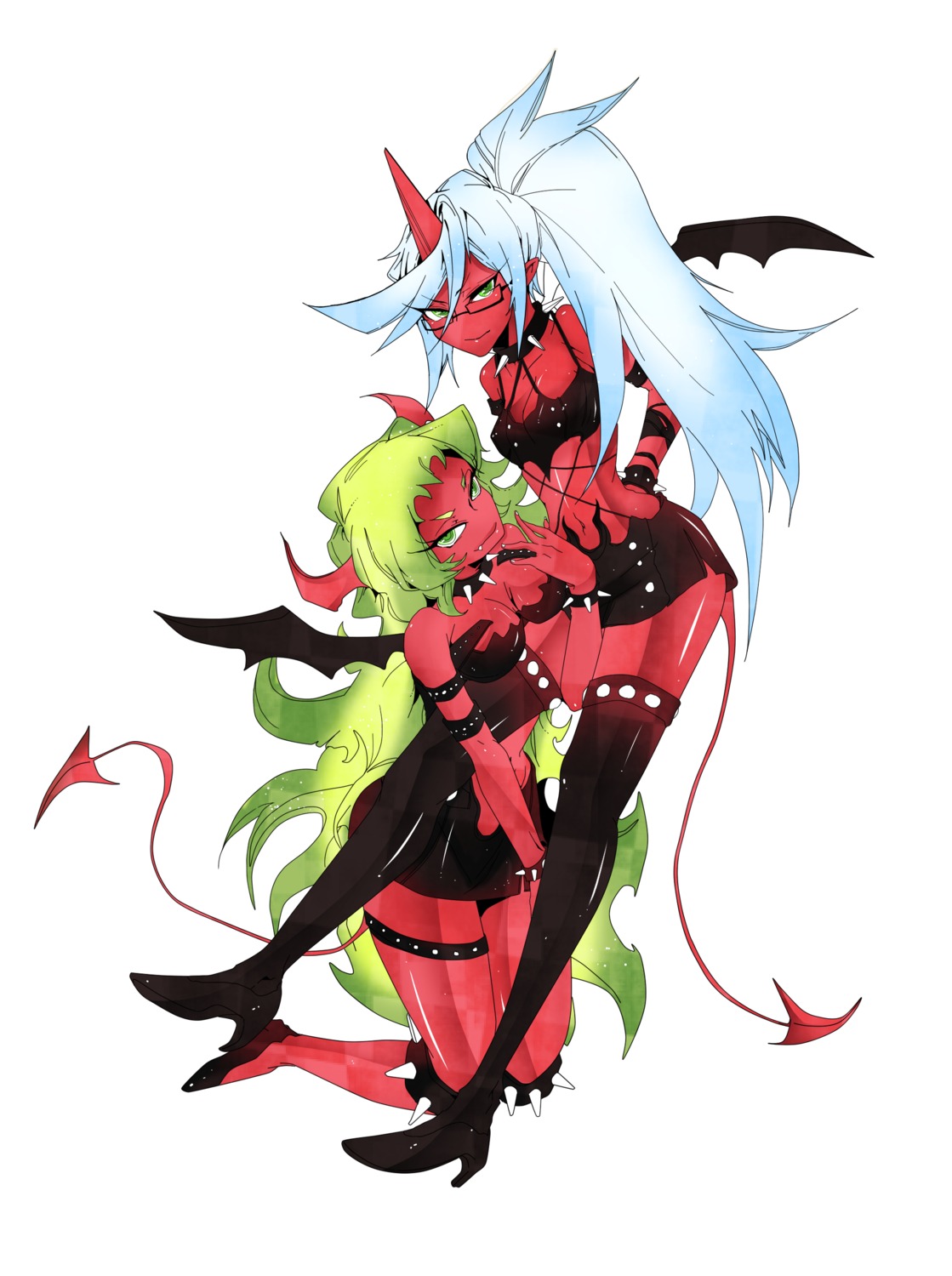 blue_hair cute_fang demon demon_girl female glasses green_hair highres horns kneesocks_daemon long_hair panty_&amp;_stocking_with_garterbelt red_skin rule34 scanty_daemon siblings simple_background sisters smile tail thighhighs wings