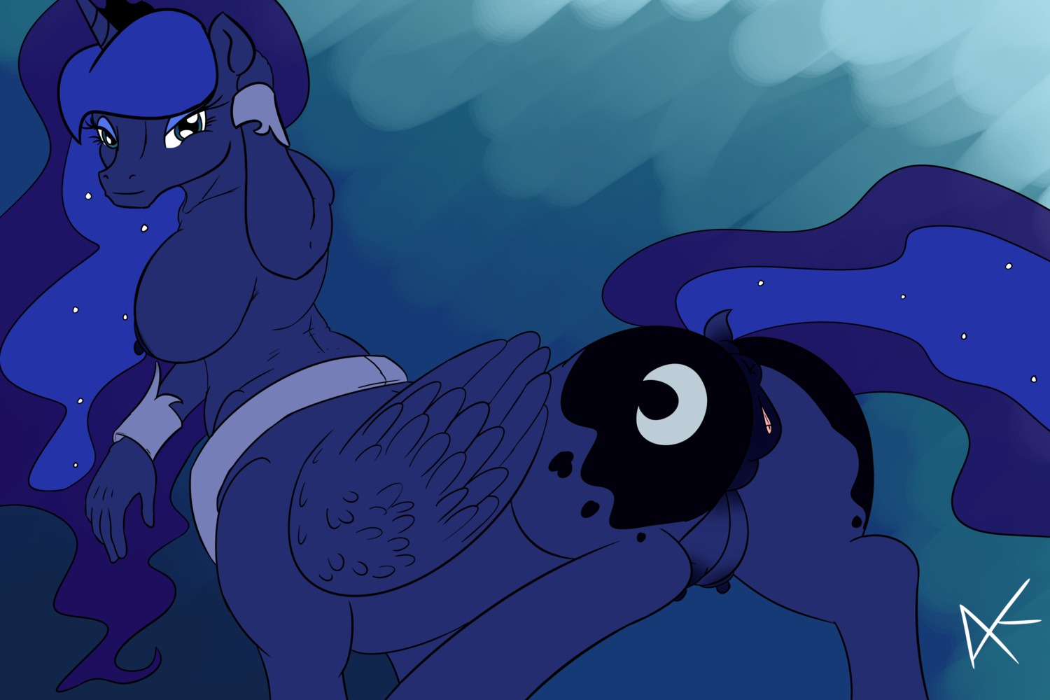 3:2 alternate_species animal_genitalia animal_vulva anus appelknekten bedroom_eyes blue_body blue_eyes blue_feathers blue_fur blue_hair blue_skin breasts breasts_and_teats clitoral_winking clitoris crown cutie_mark dock_(anatomy) e621 equid equine equine_genitalia equine_vulva feathered_wings feathers female fingers friendship_is_magic fur genitals hair half-closed_eyes hasbro headgear hi_res hooves horn long_hair looking_at_viewer mammal my_little_pony mythological_creature mythological_equine mythology narrowed_eyes nipples portrait princess_luna_(mlp) raised_tail seductive simple_background solo spread_legs spreading tail taur teats three-quarter_portrait vulva winged_unicorn wings