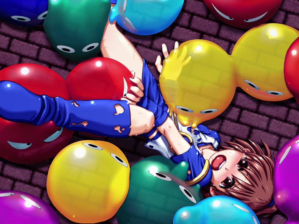 1girls arle_nadja blue_puyo boots caryo female green_puyo madou_monogatari open_mouth purple_puyo puyo_(puyopuyo) puyo_puyo red_puyo rule34 slime tagme yellow_puyo