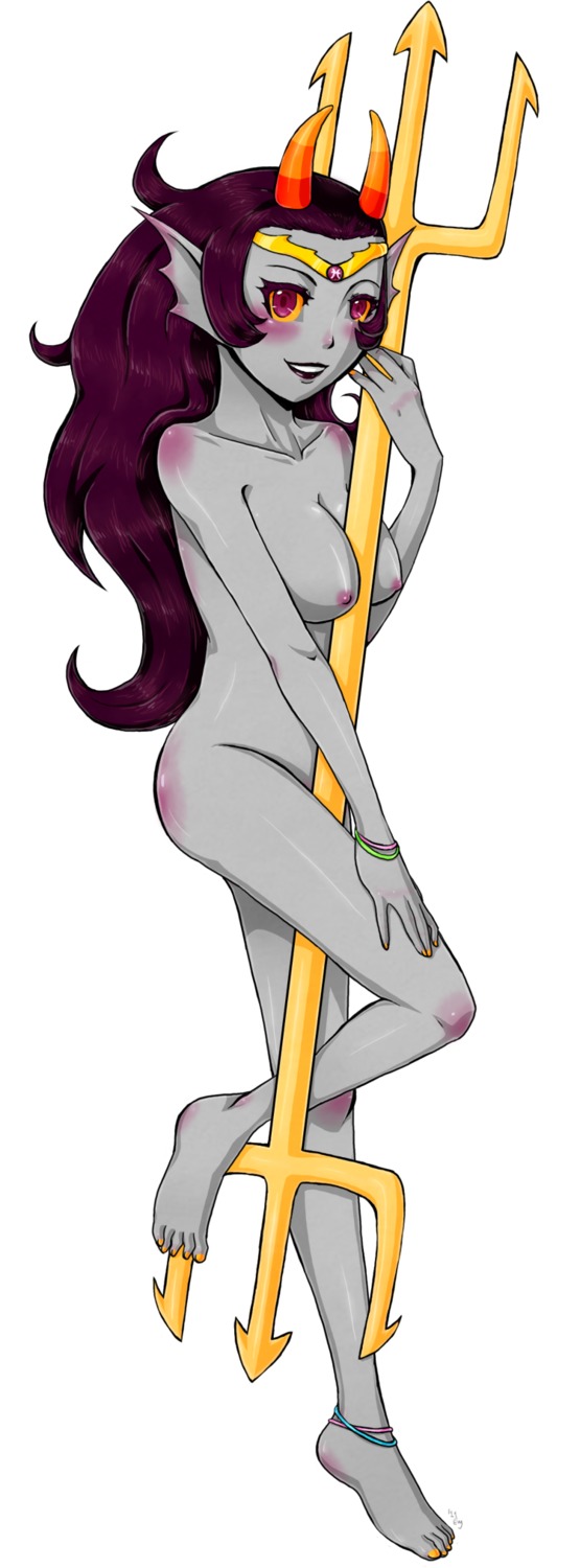 1girls anklet artist_request artist_signature bracelet breasts feferi_peixes female fins grey_skin homestuck horns long_hair looking_at_viewer ms_paint_adventures nail_polish nipples nude pink_hair purple_eyes rule34 smile solo source_request trident troll weapon white_background yellow_sclera