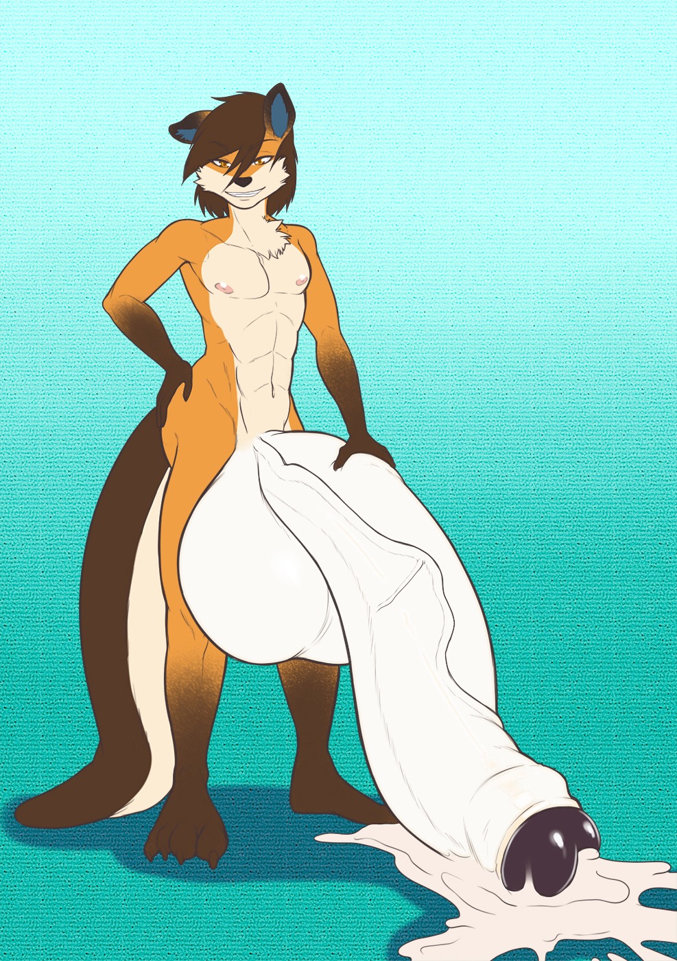 abs amber_eyes anthro balls bedroom_eyes biceps big_balls big_penis biped blue_ears bodily_fluids brown_hair canid canine chest_tuft cum cum_on_ground cum_pool e621 flaccid foreskin fox fur genital_fluids genitals hair hand_on_hip hi_res huge_balls huge_penis humanoid_genitalia humanoid_penis hybrid hyper hyper_balls hyper_genitalia hyper_penis kara_(karathefox) looking_at_viewer male mammal muscular muscular_anthro muscular_male mustelid narrowed_eyes nikoh nipples nude open_mouth otter partially_retracted_foreskin pecs penis pose seductive smile solo standing teeth tuft vein veiny_penis white_penis
