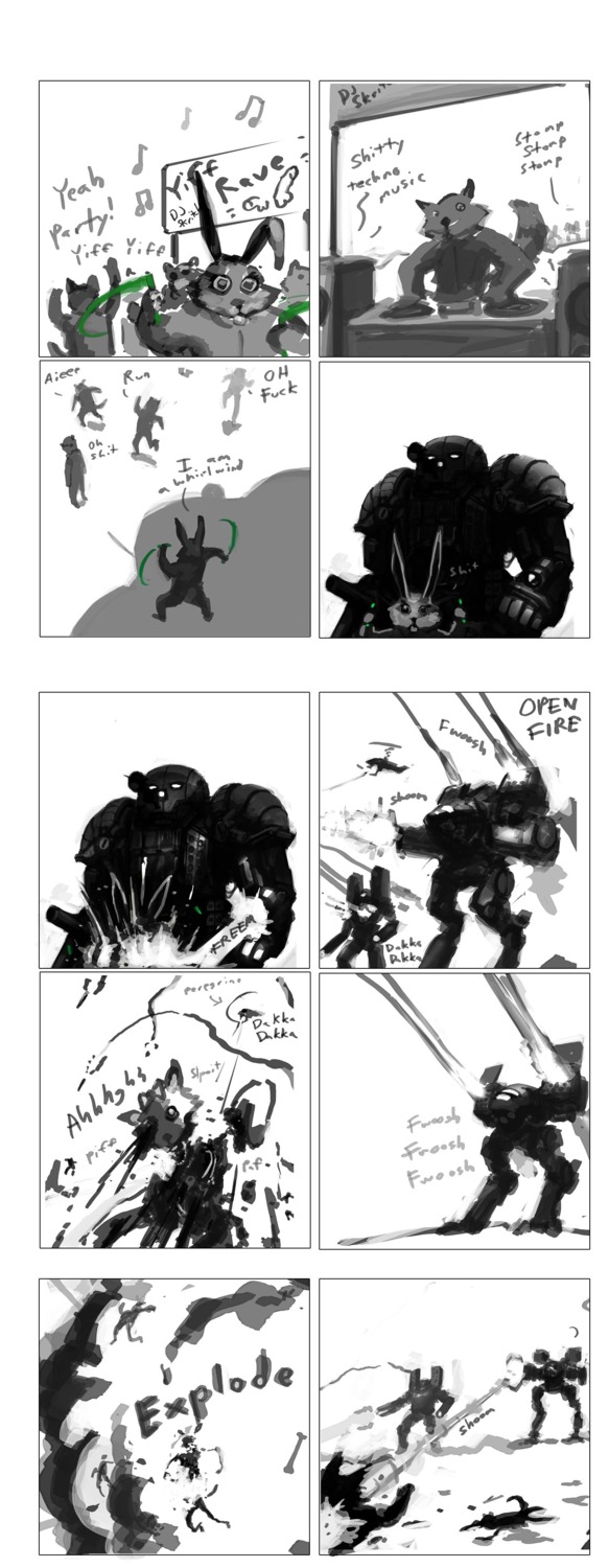 absurd_res anthro atlas_(mech) battlemech battletech clothing costume death e621 english_text explosion flyingdebris fursecution fursuit glowing glowing_eyes gore group hi_res laser machine male mecha missile missile_pod multiple_deaths music profanity rave robot rocket shoulder_missiles techno text