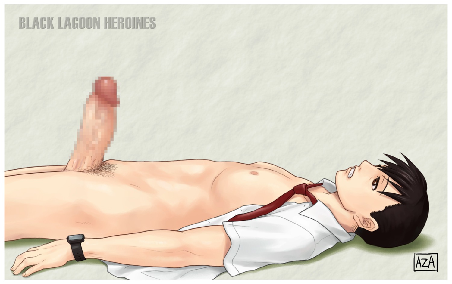 1boy azasuke black_hair black_lagoon bottomless brown_eyes censored clenched_teeth erect_penis erection highres lying male male_only mosaic_censoring necktie okajima_rokuro on_back open_clothes open_shirt penis pubic_hair rule34 shirt short_hair solo watch