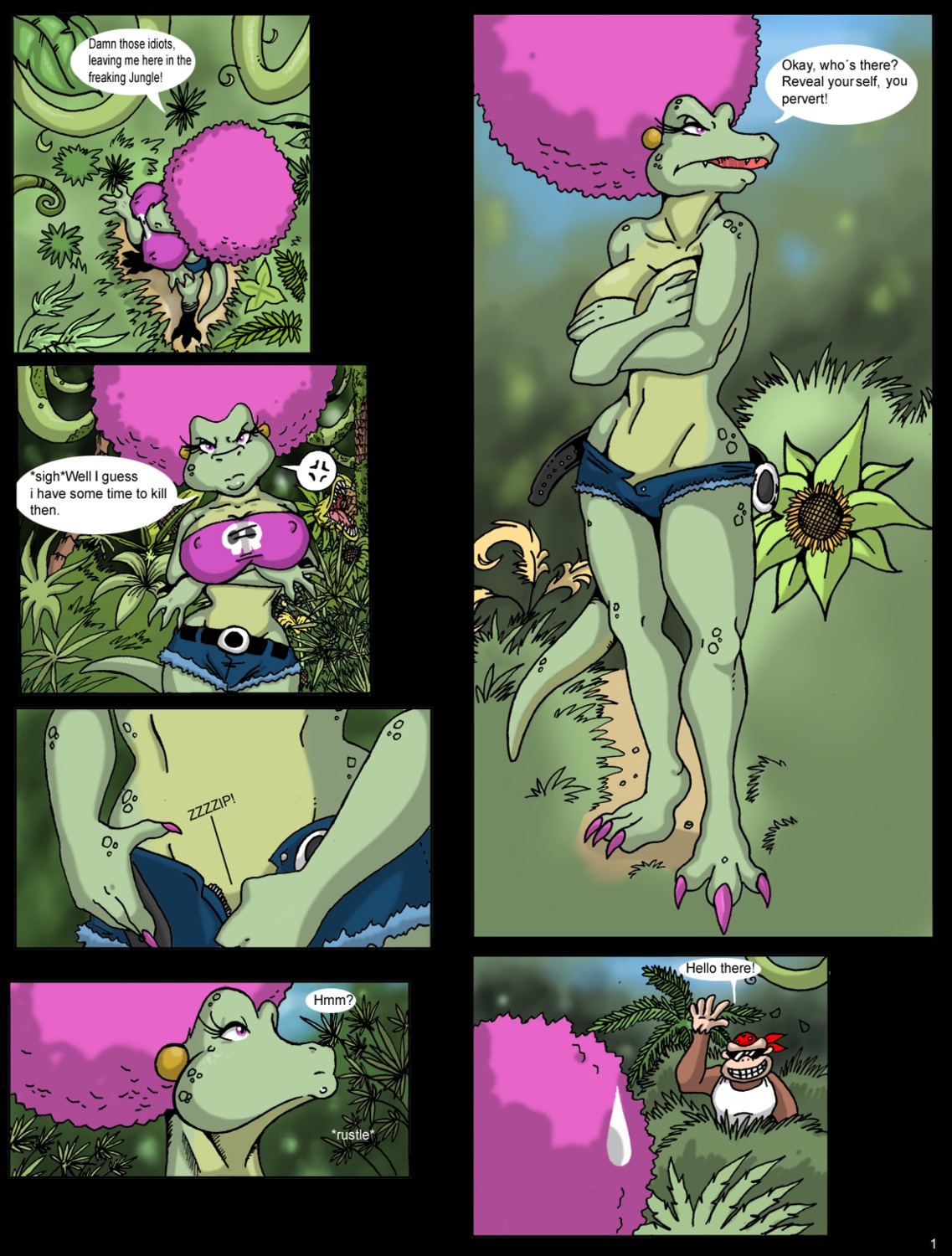 afro anthro bandana clothing comic day donkey_kong_(series) female funky_kong fur gorilla hair interspecies jungle kalypso kong kremling lordstevie male mammal nintendo nipple_outline outdoors primate rule34 scalie standing sunglasses tanktop text undressing
