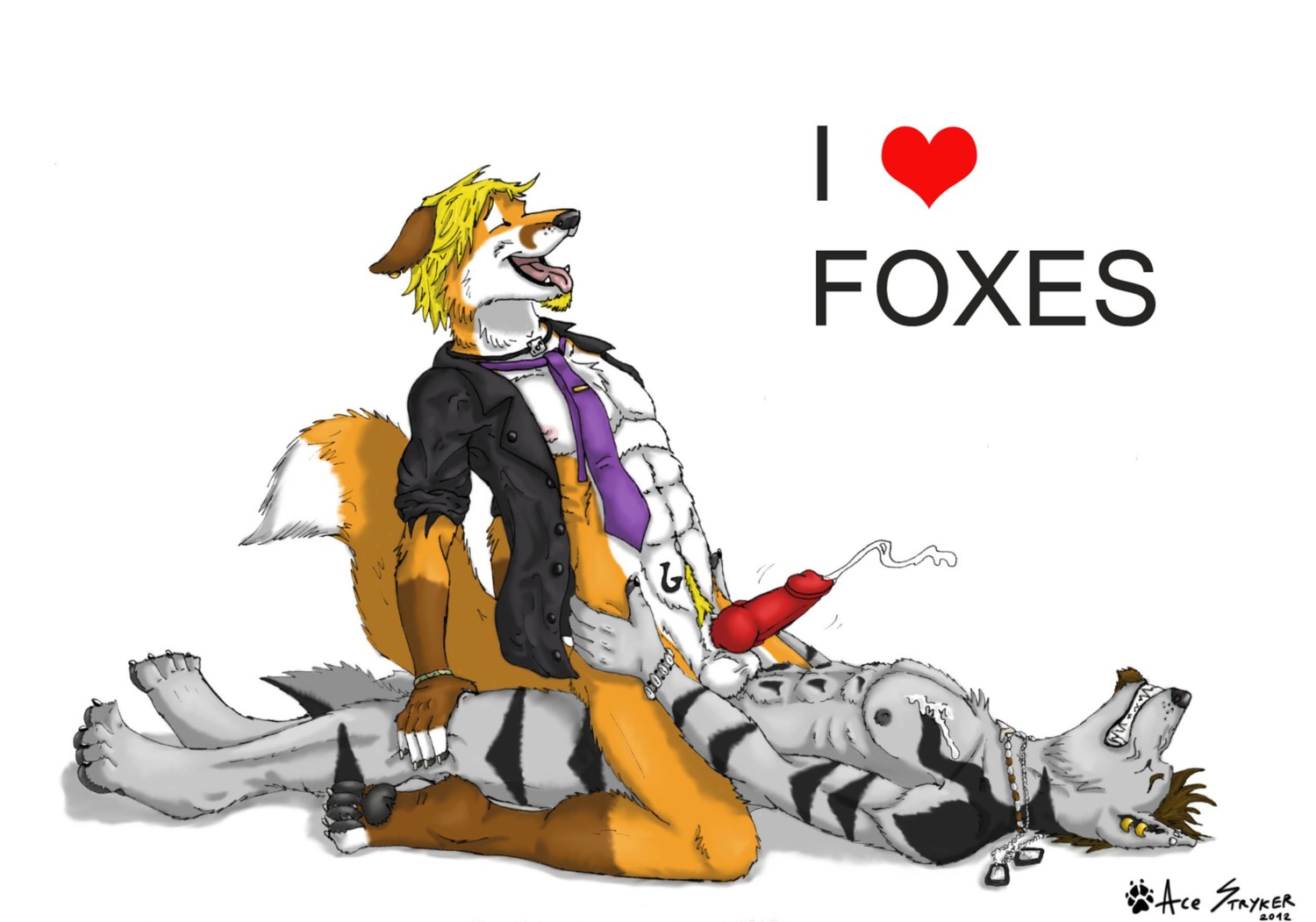 2012 abs accessory ace_stryker anal anal_penetration anthro balls blonde_hair bodily_fluids bottomless canid canine canis clothed clothing cowgirl_position cum cum_while_penetrated cumshot dog_tags duo e621 ear_piercing ejaculation english_text erection eyes_closed facial_hair fox from_front_position genital_fluids genitals glans goatee hair hands-free hi_res knot lying male male/male male_on_bottom male_on_top male_penetrated male_penetrating male_penetrating_male mammal muscular muscular_male necktie nipples nude on_back on_bottom on_top open_clothing open_mouth open_shirt open_topwear orgasm partially_clothed penetration penis piercing pubes sex shirt simple_background straddling tail tattoo text tongue tongue_out topwear white_background wolf
