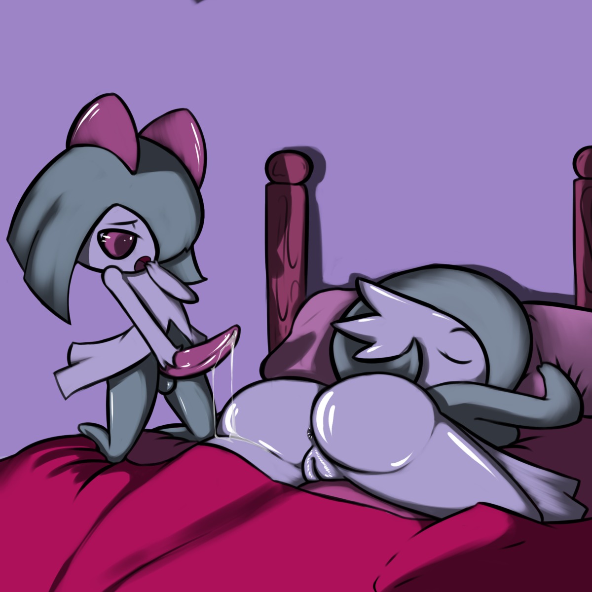 1:1 anus balls bed bed_sheet bedding blanket bodily_fluids covering covering_mouth covering_own_mouth covering_self cum cum_on_leg cum_on_penis cum_string duo e621 erection eyes_closed female femboy furniture gardevoir generation_3_pokemon genital_fluids genitals green_balls green_body green_hair hair hand_on_penis hi_res inside kingofacesx kirlia kneeling lying male mammal masturbation nintendo not_furry open_mouth penile penile_masturbation penis pillow pokemon pokemon_(species) precum red_eyes sleeping vulva white_body