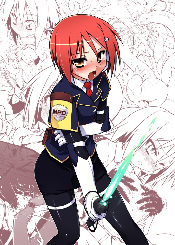 character_request copyright_request elbow_gloves female gloves latex miniskirt pantyhose pink_hair red_hair rule34 short_hair skirt source_request tomoshibi_hidekazu yellow_eyes
