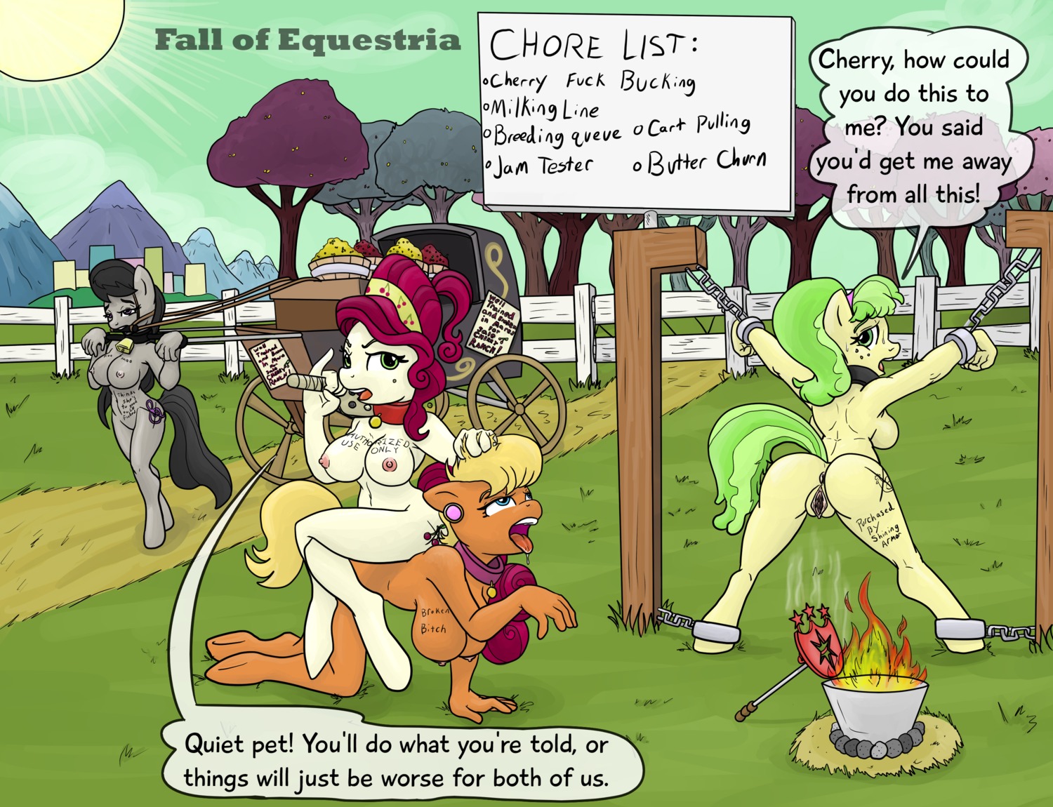 2013 all_fours anthro anthrofied bdsm bit_gag blonde_hair body_writing bondage bound branding branding_iron breasts bridle carrying_another chain cherry_jubilee_(mlp) collar comic cutie_mark dialogue digital_media_(artwork) e621 earth_pony english_text equid equine fall_of_equestria female fire friendship_is_magic gag green_hair group hair hasbro hi_res horse kneeling mammal ms._harshwhinny_(mlp) ms._peachbottom_(mlp) my_little_pony octavia_(mlp) open_mouth outside petplay piggyback pony ponyplay profanity reins roleplay sex_slave slashysmiley slave smudge_proof text tongue tongue_out vehicle wagon writing_on_belly writing_on_breasts writing_on_butt writing_on_thigh