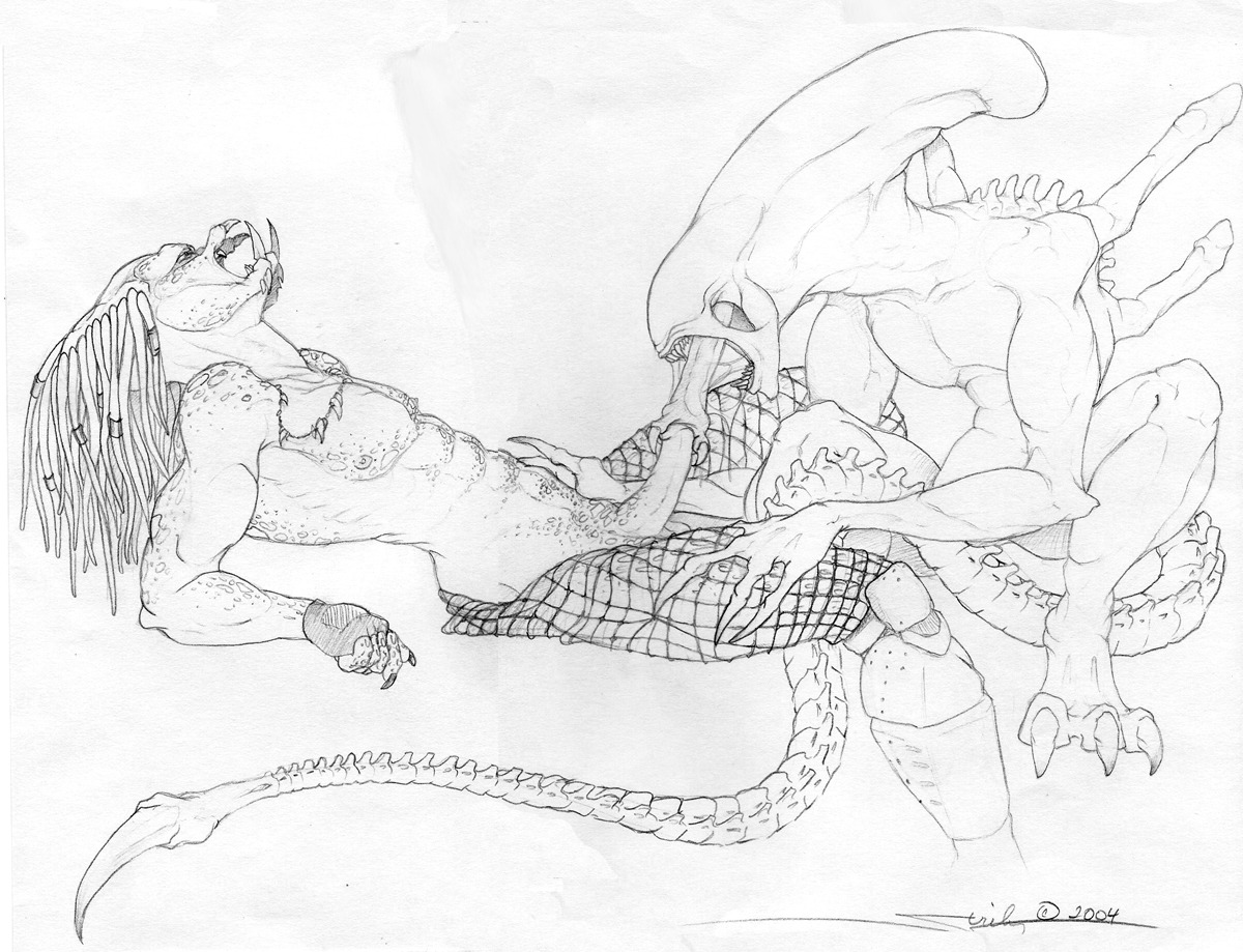 2004 2boys alien alien_(franchise) alien_only alien_vs_predator artist_request gay inner_mouth interspecies male male_only monochrome predator_(franchise) rule34 white_background xenomorph xenomorph_tail yautja