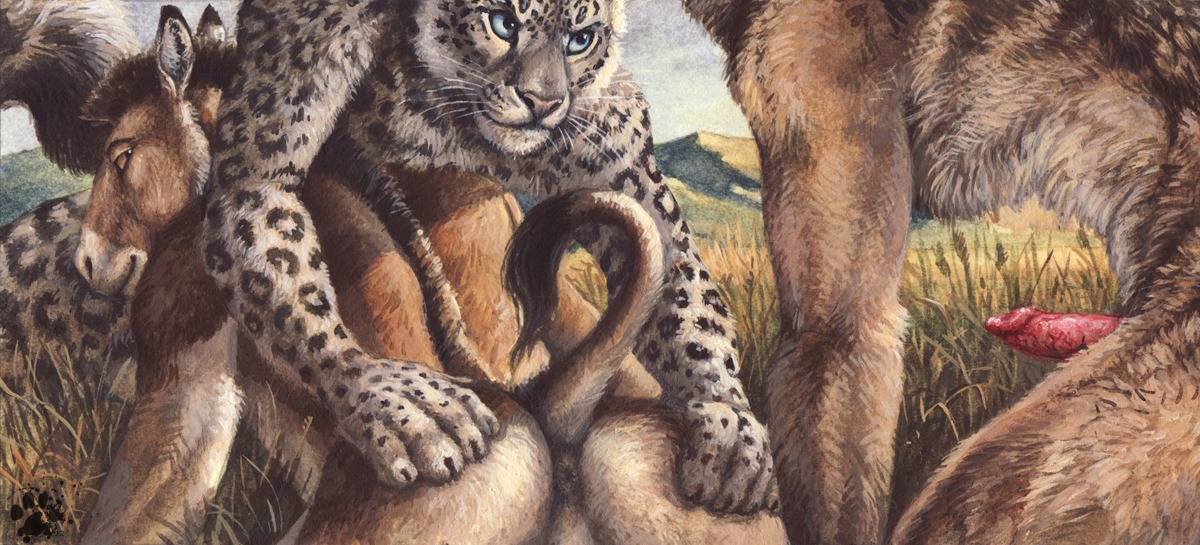 2012 animal_genitalia animal_penis anthro anthro_on_anthro anus asinus blotch blue_eyes butt canid canine canine_genitalia canine_penis canis e621 equid equine erection felid fur genitals grass group group_sex imminent_anal imminent_sex interspecies male male/male mammal nude onager outside pantherine penis plant predator/prey presenting presenting_hindquarters presenting_partner puffy_anus raised_tail scratches_volume_6 sex snow_leopard tail tail_anus threesome traditional_media_(artwork) trio whiskers wolf yellow_eyes