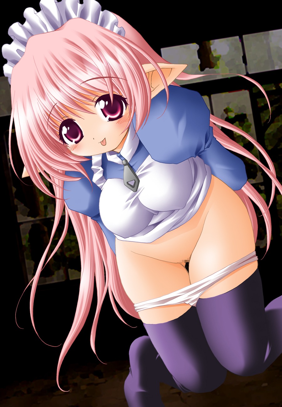 blush breasts censored cleavage female highres maid panties pointy_ears pussy rule34 smile tongue underwear