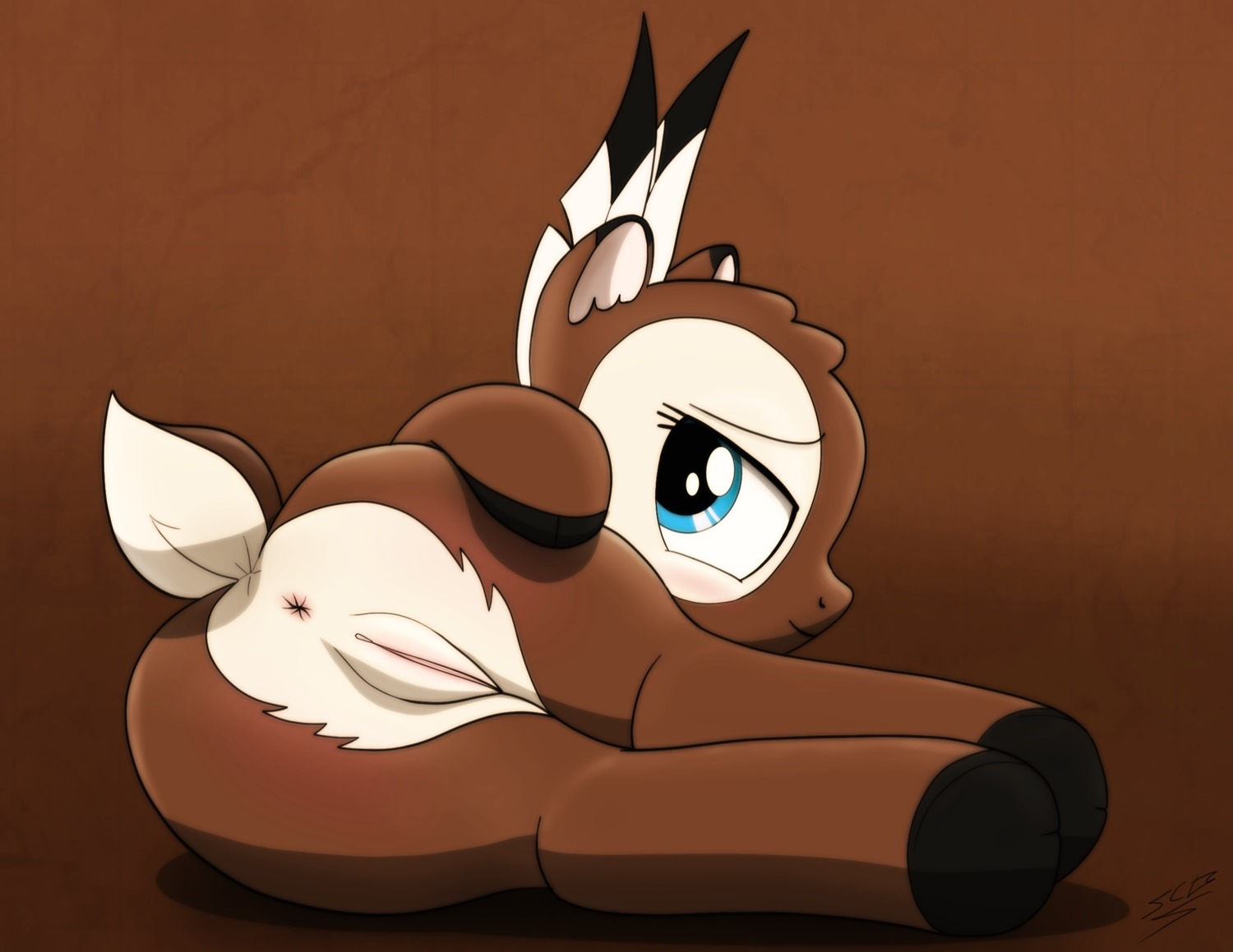 2013 anus blue_eyes butt deer dyani-yahto e621 fan_character feathers female feral genitals hasbro hi_res looking_at_viewer mammal maplepuff my_little_pony nude simple_background smile solo vulva