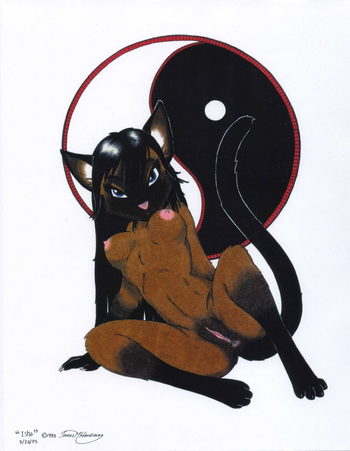 1995 4_toes absurd_res anthro anus biped black_hair blue_eyes breasts domestic_cat e621 feet felid feline felis female genitals hair hi_res inviting james_m_hardiman looking_at_viewer mammal nipples nude pinup pose seductive solo tail tail_anus toes vulva yin_yang