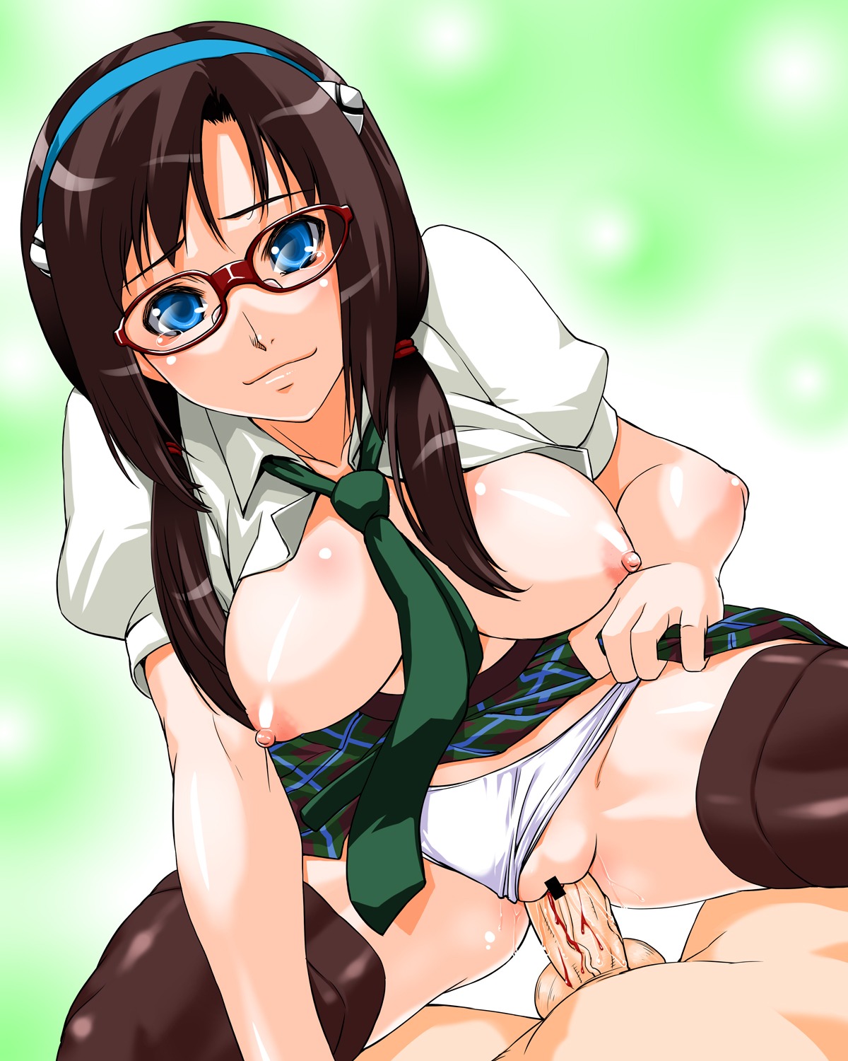 1boy 1girls blood blue_eyes breasts brown_hair censored clothed_sex clothing cowgirl_position defloration deflowering eyewear female female_on_top female_virgin glasses hair highres large_breasts long_hair looking_at_viewer male mari_illustrious_makinami necktie neon_genesis_evangelion panties panties_aside pov pussy rebuild_of_evangelion rule34 sex shinama skirt stockings straddle tears thighhighs underwear vaginal_blood vaginal_penetration virgin virginal_blood white_panties
