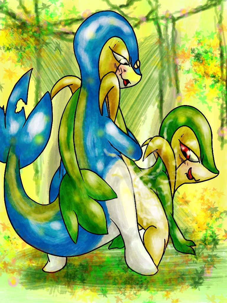 back_view blue_skin blush colored cum glasses green_skin male nude pokemon pokemon_(species) rule34 sex snivy tagme