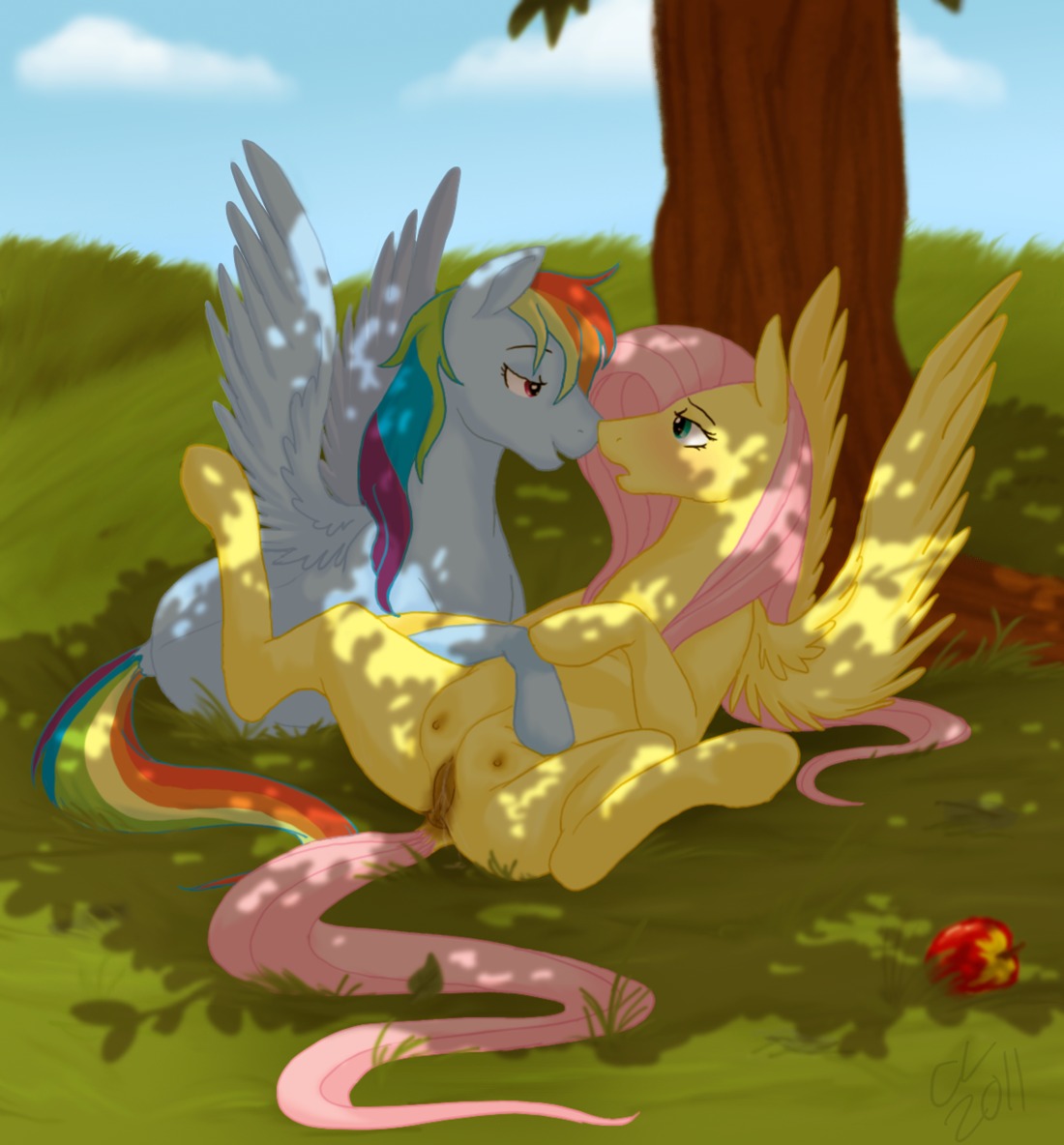 2011 anatomically_correct anatomically_correct_genitalia anatomically_correct_vulva animal_genitalia animal_vulva anus apple blue_body blue_feathers blue_fur blush bodily_fluids breasts cartoonlion dappled_light dock_(anatomy) duo e621 equid equine equine_genitalia equine_vulva eye_contact feathered_wings feathers female female/female feral feral_on_feral fluttershy_(mlp) food friendship_is_magic fruit fur genital_fluids genitals hair hand_on_breast hasbro hooves looking_at_another lying mammal multicolored_hair multicolored_tail my_little_pony mythological_creature mythological_equine mythology nipples on_back on_front open_mouth outside pegasus plant puffy_anus rainbow_dash_(mlp) rainbow_hair rainbow_tail romantic romantic_ambiance romantic_couple shaded signature sky spread_legs spreading tail teats tree under_shade underhoof vaginal_fluids vulva wing_boner wings wood yellow_body yellow_feathers