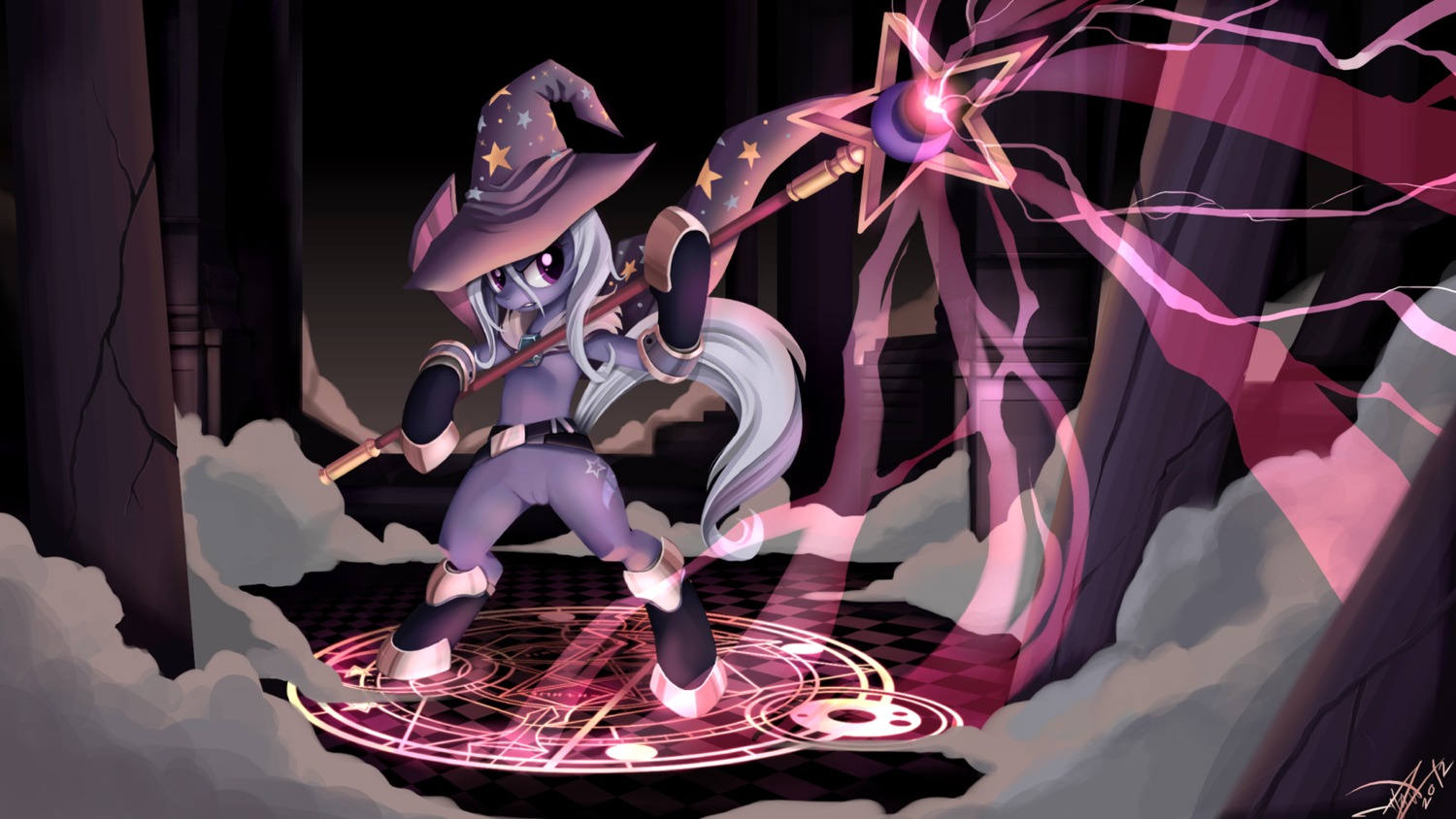 anthro anthrofied armor cape clothing cutie_mark detailed_background e621 equid equine female friendship_is_magic gauntlets genitals gloves handwear hasbro hat headgear headwear hi_res horn magic magic_circle mammal melee_weapon mostly_nude my_little_pony mythological_creature mythological_equine mythology occult_symbol pentacle pentagram polearm ponykillerx purple_eyes solo spell staff symbol tail third-party_edit trixie_(mlp) unicorn vulva wallpaper weapon widescreen wizard_hat
