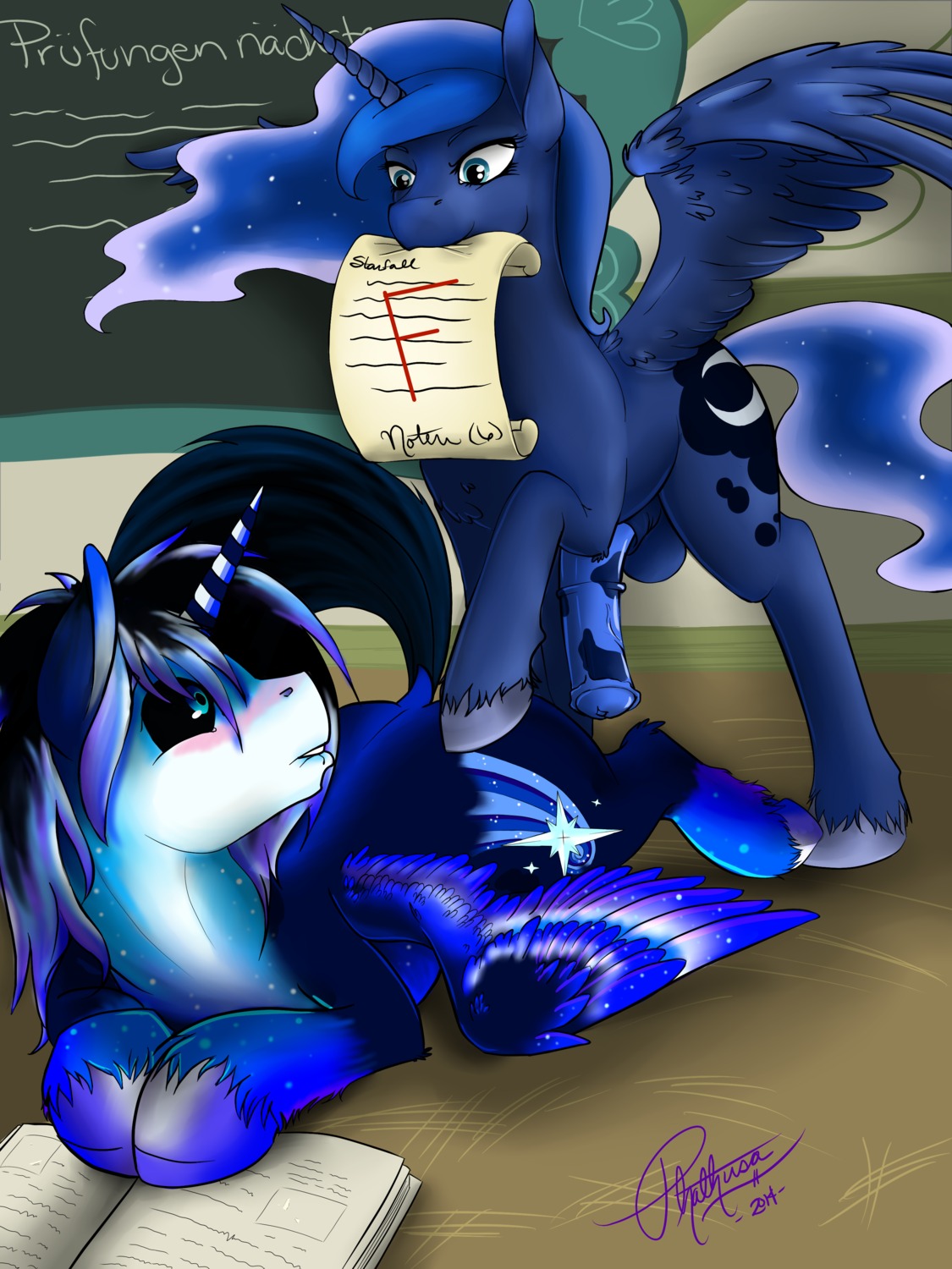 2014 3:4 absurd_res animal_genitalia animal_penis balls blue_body blue_eyes blue_fur blue_hair blush book chalkboard cutie_mark duo e621 equid equine equine_genitalia equine_penis erection fan_character feathered_wings feathers fetlocks friendship_is_magic fur genitals gynomorph hair hasbro hi_res horn information_board intersex male mammal mouth_hold my_little_pony mythological_creature mythological_equine mythology paper penis phathusa princess_luna_(mlp) rain_starfall_(mlp) winged_unicorn wings