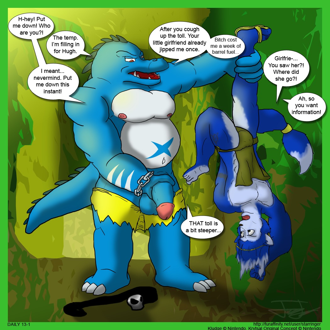 anthro canine color crossover donkey_kong_(series) fox fur furry furry_ears furry_only furry_tail gay interspecies kludge kremling krystal male male_only multiple_males nintendo penis rule34 rule_63 scalie speech_bubble star_fox tail text yaoi