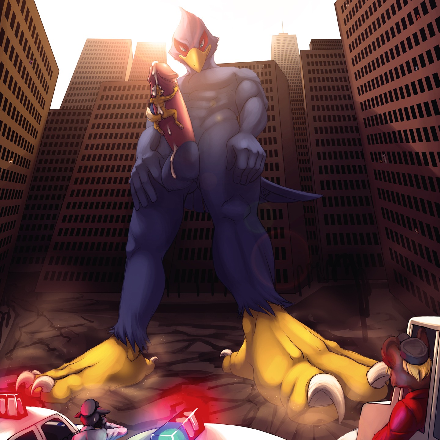 1:1 abs anthro avian balls beak biceps big_penis bird blue_body blue_eyes blue_feathers bodily_fluids canid canine concoction_(artist) cum cum_on_balls cum_on_penis dripping e621 erection extreme_size_difference falco_lombardi feathers fox fox_mccloud genital_fluids genitals group hi_res macro male male/male mammal muscular nintendo nude orgasm pecs penis size_difference star_fox tail