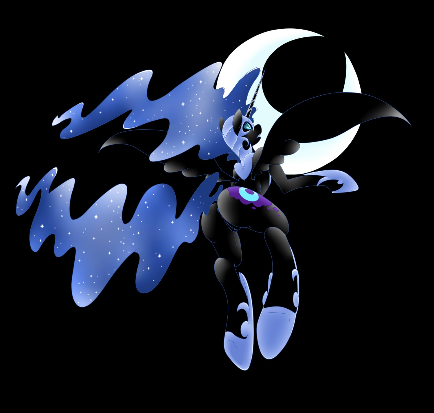 abstract_background absurd_res black_background black_body black_feathers black_fur blue_hair clitoris cutie_mark e621 equid equine feathered_wings feathers female feral flying friendship_is_magic fur gear_(artist) genitals hair hasbro hi_res hooves horn long_hair mammal moon my_little_pony mythological_creature mythological_equine mythology nightmare_moon_(mlp) open_mouth rear_view simple_background solo vulva winged_unicorn wings