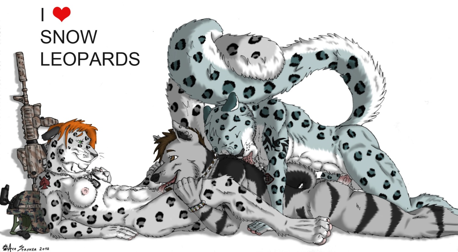 2012 abs ace_stryker anal anal_penetration anthro ar-15 armor assault_rifle bisexual black_nose bracelet breast_fondling breast_play breasts brown_eyes brown_hair camo canid canine combat_helmet cunnilingus dog_tags e621 english_text entwined_tails erection eyebrows eyes_closed felid female fluffy fluffy_tail fondling fur genitals green_eyes grey_body grey_fur group group_sex gun hair hand_on_breast headgear heart_symbol helmet hi_res jewelry leopard leopard_spots licking lying m4 male male/female male/male male_penetrated male_penetrating male_penetrating_male mammal marines markings military muscular muscular_female muscular_male necklace nipples nude on_back oral orange_hair pantherine pawpads penetration penis raised_tail ranged_weapon reclining red_hair rifle sex simple_background smile snow_leopard spades_(suit) spots spotted_body spotted_fur spread_legs spreading suit_symbol tail tail_coil tattoo text threesome tongue tongue_out trio vaginal weapon whiskers white_background