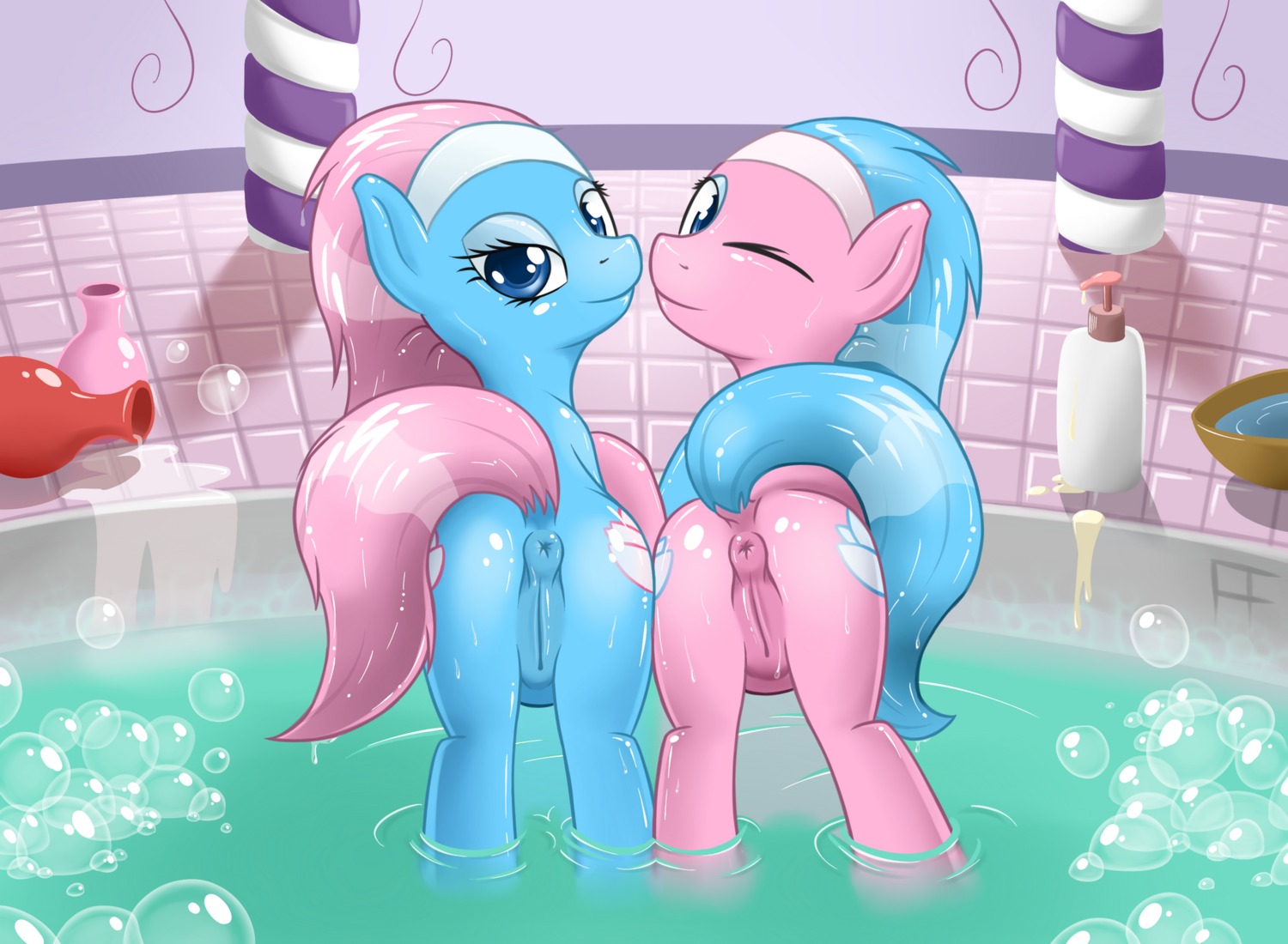 2012 aloe_(mlp) anatomically_correct anatomically_correct_anus anatomically_correct_genitalia anatomically_correct_vulva animal_genitalia animal_vulva anus bedroom_eyes blue_anus blue_body blue_eyes blue_vulva butt cutie_mark digital_media_(artwork) duo e621 earth_pony equid equine equine_genitalia equine_vulva eyelashes fearingfun female feral friendship_is_magic genitals glistening half-closed_eyes happy hasbro hi_res horse inside looking_at_viewer looking_back lotion lotus_(mlp) mammal my_little_pony narrowed_eyes naughty_face one_eye_closed partially_submerged pink_anus pink_body pink_vulva pony presenting presenting_hindquarters puffy_anus raised_tail seductive sibling_(lore) sister_(lore) sisters_(lore) smile spa tail take_your_pick vulva water wink