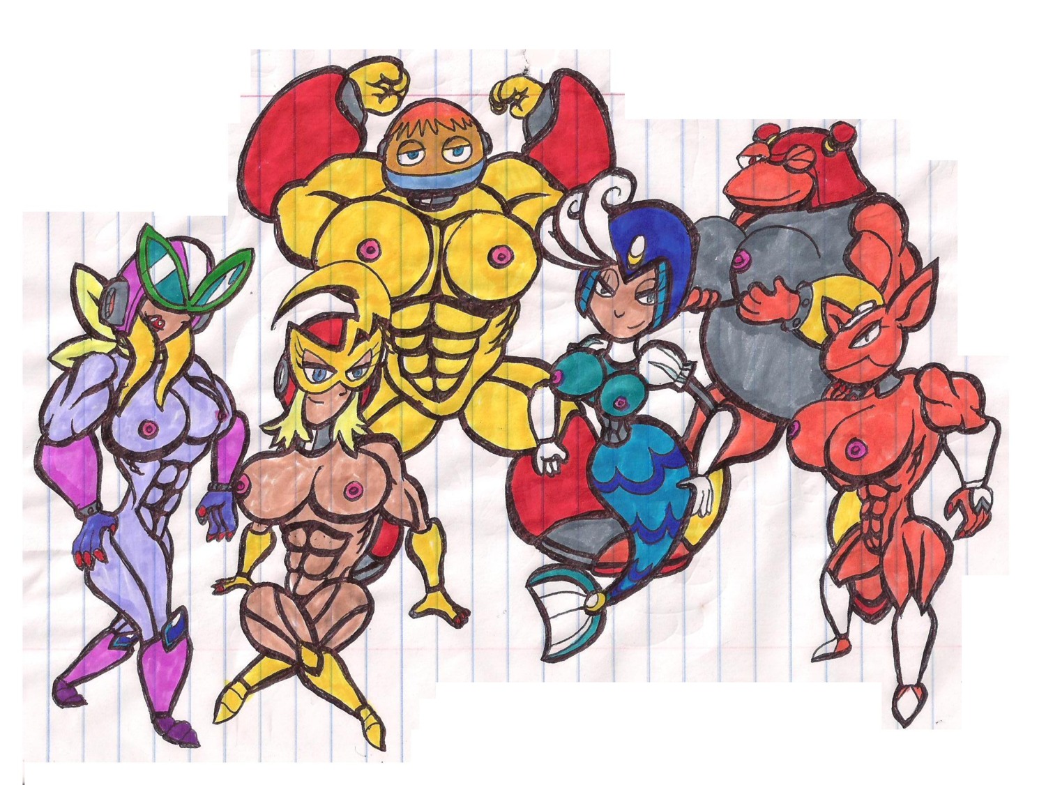 abs bomb_man breasts cut_man elec_man female female_only guts_man lepron mega_man mega_man_(classic) multiple_females multiple_girls muscles nipples nude quick_man robot rule34 rule_63 splash_woman straight_hair