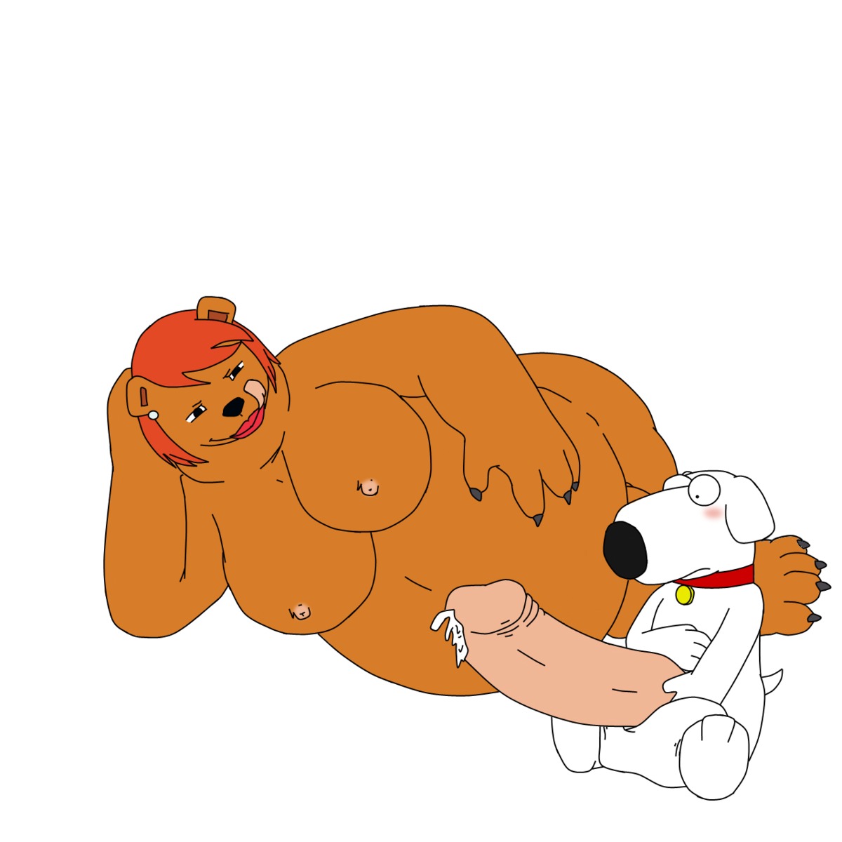 1:1 arianna_the_bear arm_support balls bear belly big_balls big_belly big_penis blush bodily_fluids breasts brian_griffin canid canine canis claws collar collar_tag domestic_dog duo e621 ear_piercing erection family_guy female foreskin gem genital_fluids genitals hair hand_on_belly hand_on_chest hi_res huge_balls huge_penis humanoid_genitalia humanoid_penis hyper hyper_balls hyper_genitalia hyper_penis leaning_on_elbow licking licking_lips lips lipstick lying makeup male mammal nipples nude obese on_side orange_hair overweight overweight_female pearl_(gem) penis piercing precum red_lips retracted_foreskin self_lick simple_background sitting surprised the_cleveland_show toe_claws tongue tongue_out white_background wolfalpha