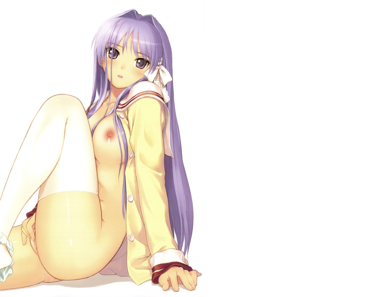 1girls bow breasts clannad clothed_masturbation clothing female female_only fujibayashi_kyou long_hair masturbation open_clothes open_shirt panties purple_eyes purple_hair pussy rule34 seifuku shirt simple_background solo stockings taka_tony thighhighs uncensored white_background