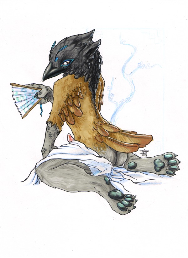 2011 4_toes anthro avian beak bedding bent_over biped black_body black_feathers blanket brown_body brown_eyes brown_feathers butt claws e621 erection feathers feet femboy folding_fan genitals gryphon hand_fan hindpaw kneeling looking_at_viewer looking_back male mythological_avian mythological_creature mythology nude pawpads paws penis pose shalinka simple_background solo tail tail_feathers toe_claws toes white_background