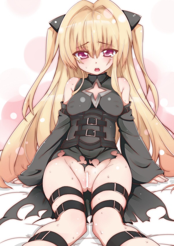 bar_censor blush breasts censored cleavage_cutout clothing detached_sleeves female hachi_(orange) konjiki_no_yami long_hair pink_eyes pussy rule34 small_breasts sweat thigh_strap to_love-ru torn_clothes