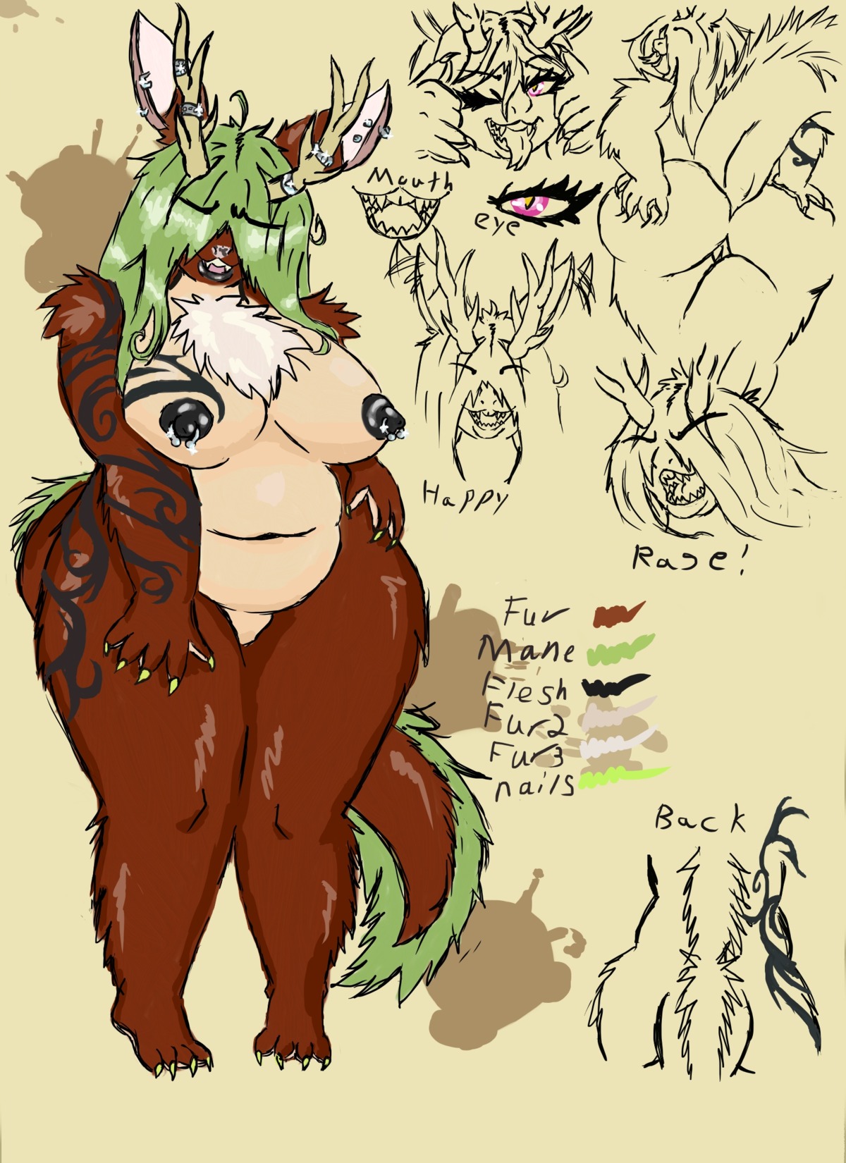 2012 anthro antlers big_breasts big_butt breasts butt chest_tuft claws curvy_figure e621 ear_piercing fangs female fur genitals green_hair hair hi_res horn hybrid lagomorph leporid mammal nipple_piercing nipples nude open_mouth overweight overweight_female piercing rabbit solo tail tattoo teeth tongue tuft voluptuous vulva wide_hips wolflance