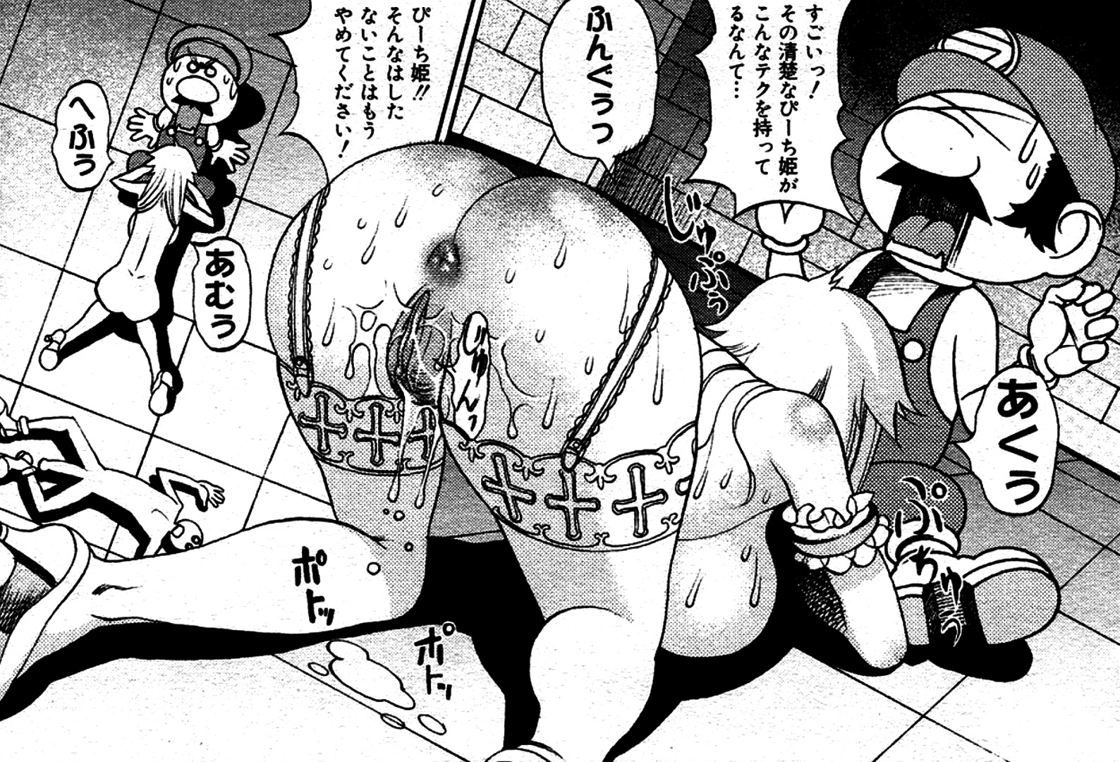 breasts clothes cum f.s. fellatio female human humanoid male mario mario_(series) monochrome multiple_males nintendo nude oral princess_peach pussy rule34 super_mario_bros. super_mario_bros._(nes) vulva