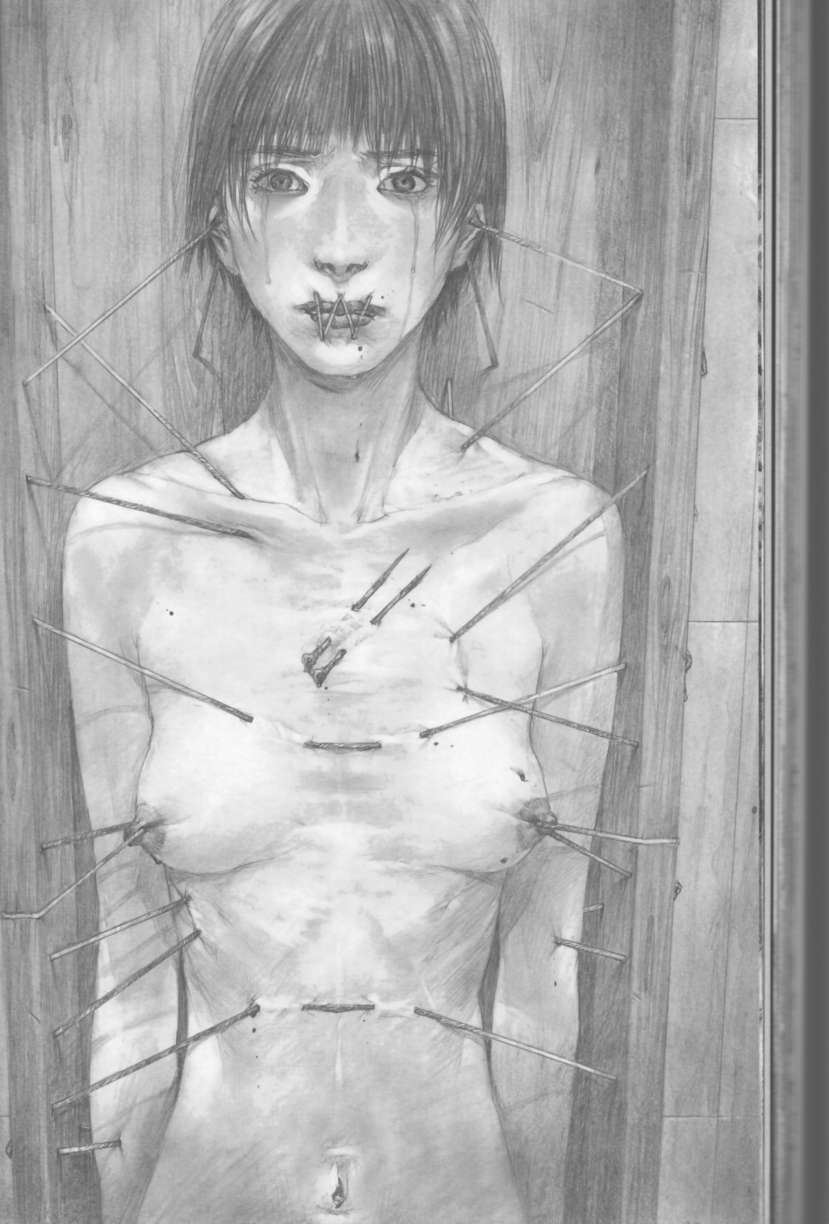 1girls blood breasts female female_focus girl_in_a_box gore guro highres hiroaki_samura monochrome navel nipples nude pencil realistic rule34 scan sewn_mouth short_hair solo solo_female tears torture