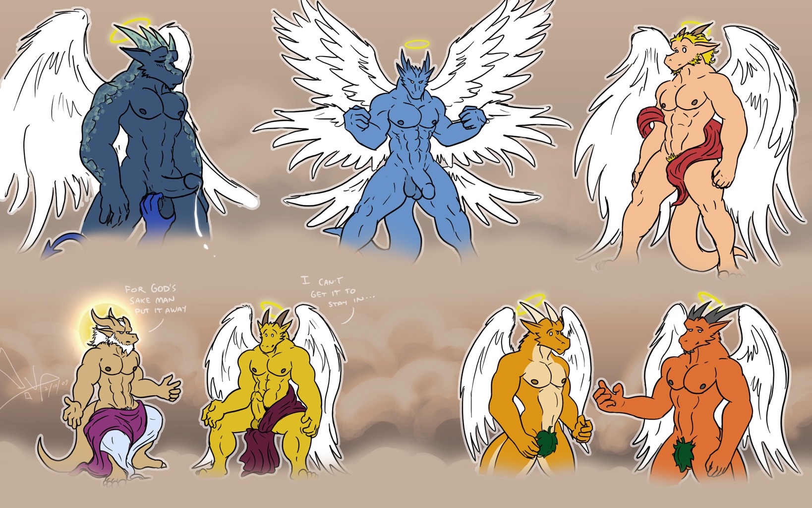 abs angel angel_dragon angelic anthro ball_fondling ball_grab balls beard bgn biceps blonde_hair blue_balls blue_penis bodily_fluids bottomless bottomwear clothed clothing demon dialogue digital_media_(artwork) dragon e621 ejaculation empty_eyes english_text erection facial_hair feathered_wings feathers fig_leaf flaccid flexing fondling genital_fluids genitals grope group hair halo hands-free heaven hi_res holy horn humanoid_genitalia humanoid_penis humor leaf leaf_clothing loincloth looking_pleasured male male/male muscular mythological_creature mythological_scalie mythology nipples nude offscreen_character orgasm pecs penis pinup pose precum presenting pubes robe scalie signature sitting smile smirk source_request spade_tail spread_wings standing tail text topless unimpressed white_body white_feathers white_hair wings yellow_balls yellow_penis