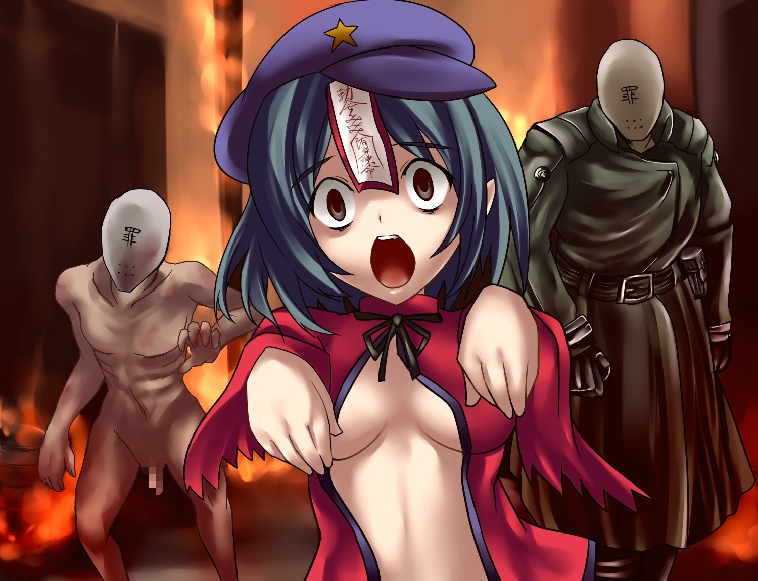 blue_hair censored female fire gloves hat male no_bra ofuda open_clothes open_mouth open_shirt outstretched_arms penis rule34 sin_sack touhou yoshika_miyako yoshimo zombie zombie_pose