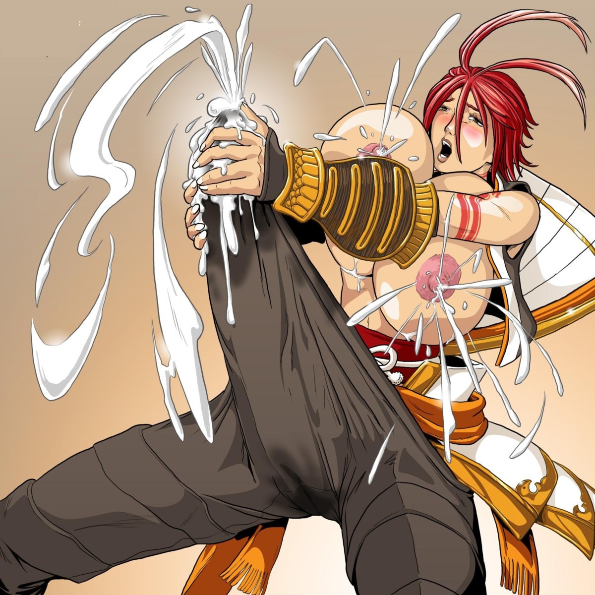 .hack .hack//g.u. alkaid areolae blush bodysuit breast_squeeze breasts ejaculation erect_nipples female hair huge_breasts huge_cock lactation long_nipples male nipples penis penis_grab red_hair rule34 spread_legs veiny veiny_penis