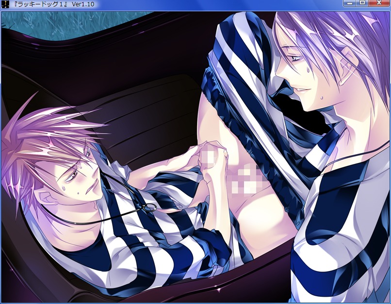 2boys censored jail jewelry lucky_dog male male_only masturbation mosaic_censoring multiple_boys multiple_males necklace outdoors pants_down penis prison purple_hair rule34 shirt sitting striped striped_shirt watching yaoi
