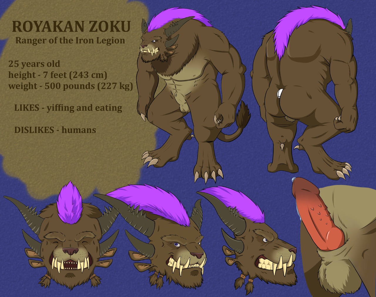 2013 animal_genitalia anthro balls biped charr claws e621 english_text erection felid fully_sheathed fur genitals guild_wars horn knot male mammal model_sheet muscular muscular_anthro muscular_male nude penis raus royakan sheath solo standing text toe_claws turnaround wolfen zoku