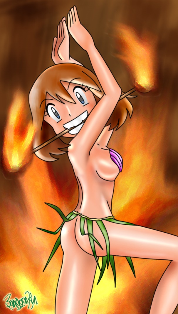 ass breasts brown_hair color female female_only human human_only may_(pokemon) mouth_hold no_bandana pokemon pokemon_adventures pokemon_rse rule34 sapphire_birch_(pokemon) side_view solo straight_hair tagme