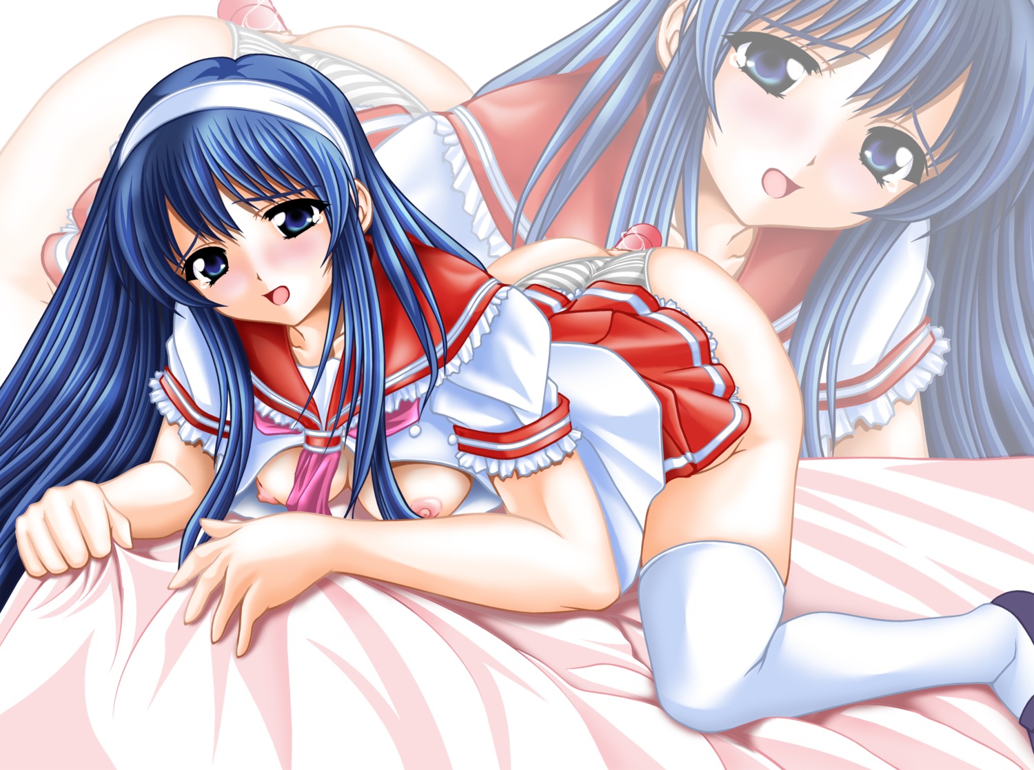 all_fours ass ass_up bed big_bang_beat blue_eyes blue_hair blush breasts dai_(series) daibanchou dildo female hairband highres kyoudou_senna legwear long_hair nipples open_mouth panties rule34 school_uniform serafuku stockings thighhighs top-down_bottom-up underwear zoom_layer